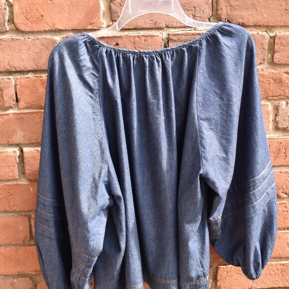 Karen Kane Contrast Stitch Denim Peasant Blouse Size L - Picture 8 of 11
